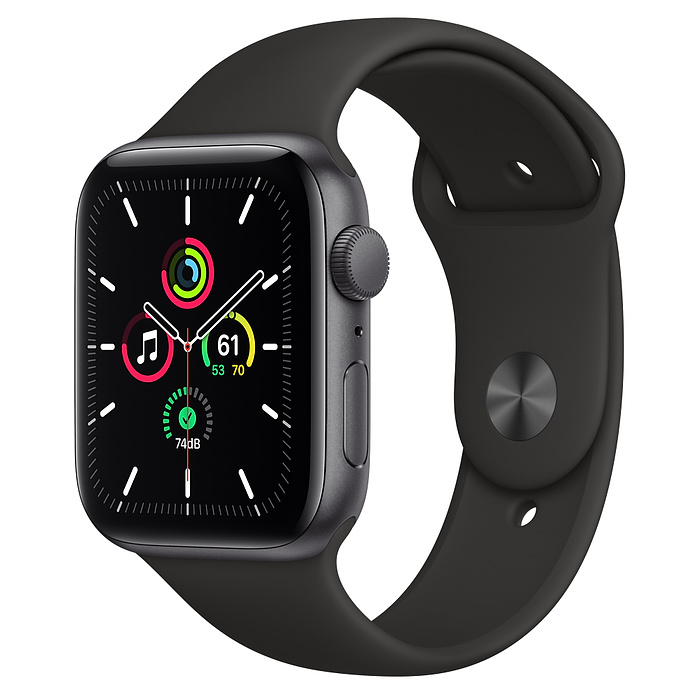 Apple Watch Series SE GPS, 44 mm Space Gray Aluminum Case with Black Sport Band